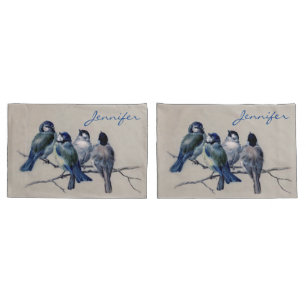 Watercolor Blue Grey Birds on a Branch Vintage Pillowcase