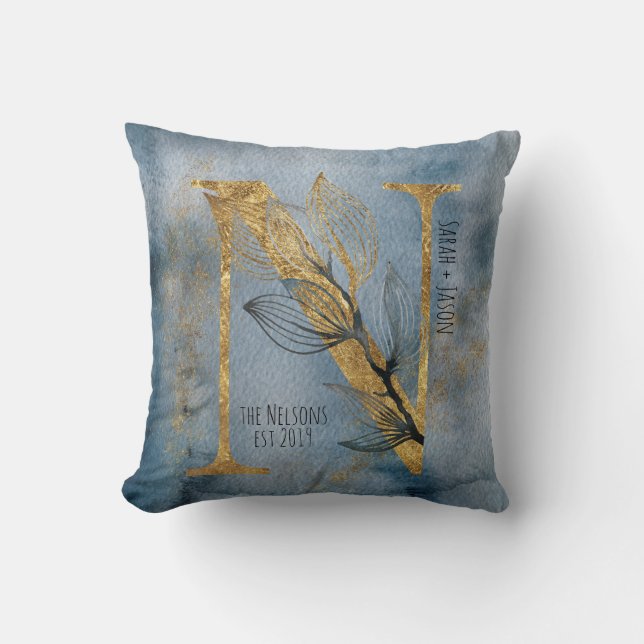 Watercolor Blue Grey Gold N Monogram Throw Pillow (Front)