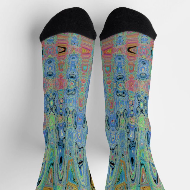 Watercolor Blue Groovy Abstract Retro Atomic Waves Socks (Top)