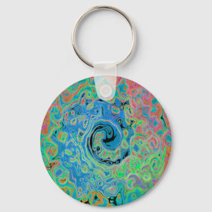 Watercolor Blue Groovy Abstract Retro Liquid Swirl Key Ring