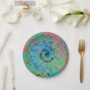 Watercolor Blue Groovy Abstract Retro Liquid Swirl Paper Plate
