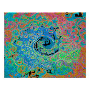 Watercolor Blue Groovy Abstract Retro Liquid Swirl Poster