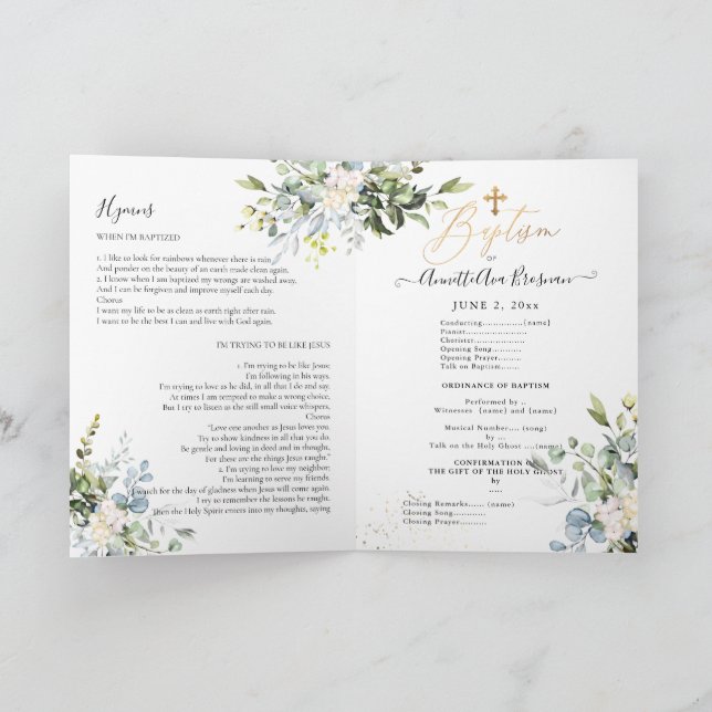 Watercolor Blue Gum Eucalyptus LDS Baptism Program Holiday Card (Inside)