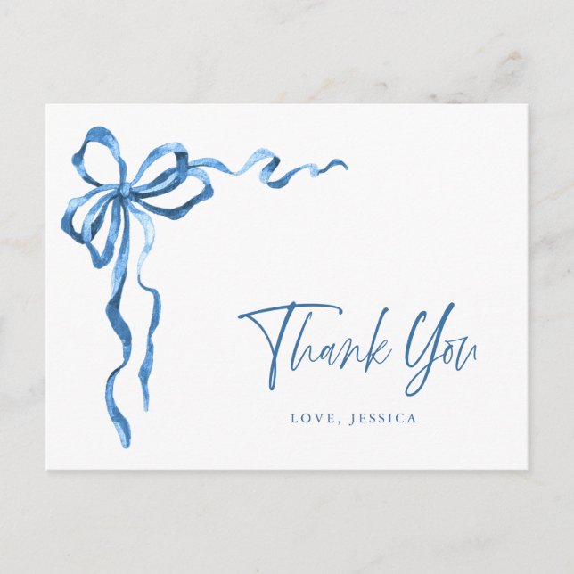 Watercolor Blue Hand Drawn Bow Thank You Postcard (Front)