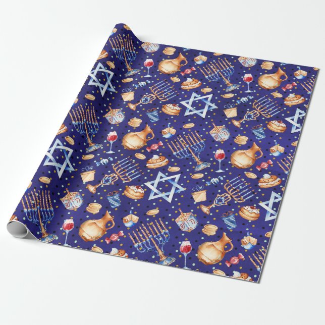 Watercolor Blue Hanukkah Chanukah Gold Wrapping Paper (Unrolled)