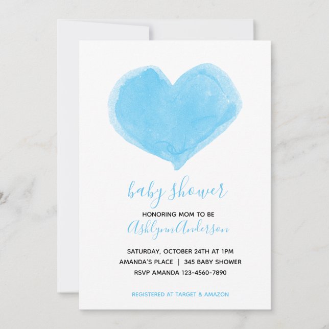 Watercolor Blue Heart Baby Shower Invitation (Front)