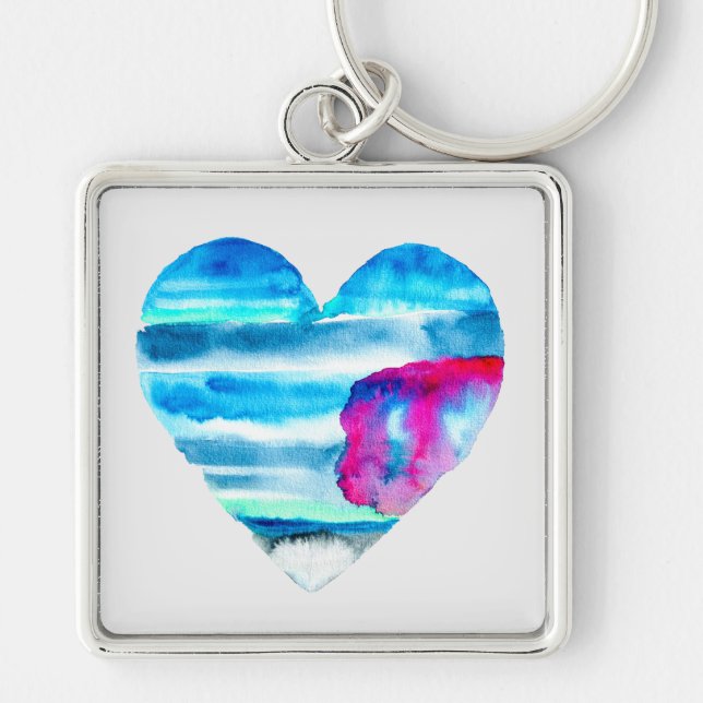 Watercolor blue heart cute heart key ring (Front)
