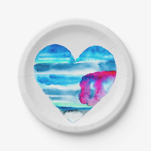 Watercolor blue heart cute heart paper plate (Front)