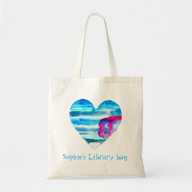 Watercolor blue heart library name tote bag (Front)
