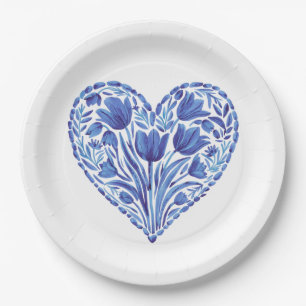 Watercolor Blue Heart Tulips On White Paper Plate