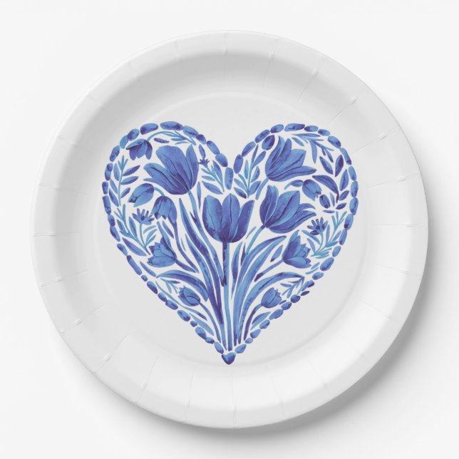 Watercolor Blue Heart Tulips On White Paper Plate (Front)