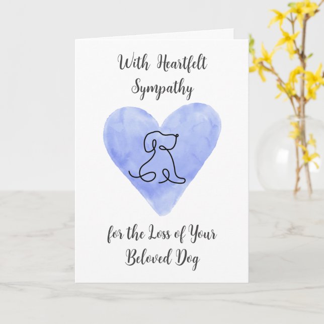 Watercolor Blue Heart with Dog Drawing Sympathy Card (Yellow Flower)