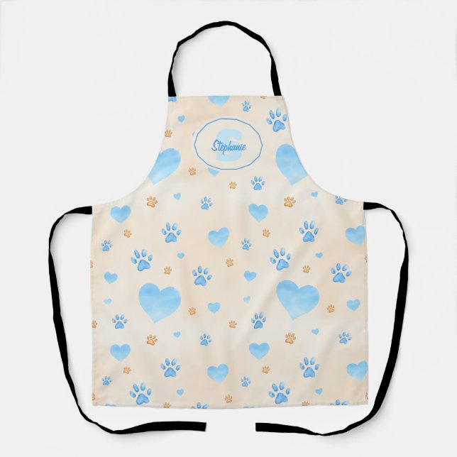 Watercolor Blue Hearts & Paw Prints Pattern Apron (Front)
