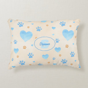 Watercolor Blue Hearts & Paw Prints Pattern Decorative Cushion