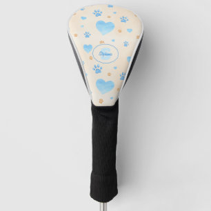 Watercolor Blue Hearts & Paw Prints Pattern Golf Head Cover