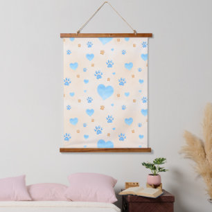Watercolor Blue Hearts & Paw Prints Pattern Hanging Tapestry