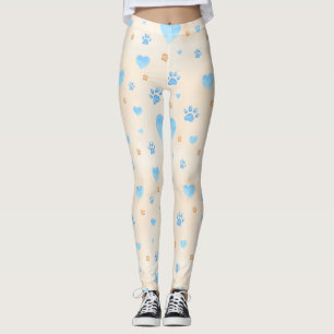 Watercolor Blue Hearts & Paw Prints Pattern Leggings