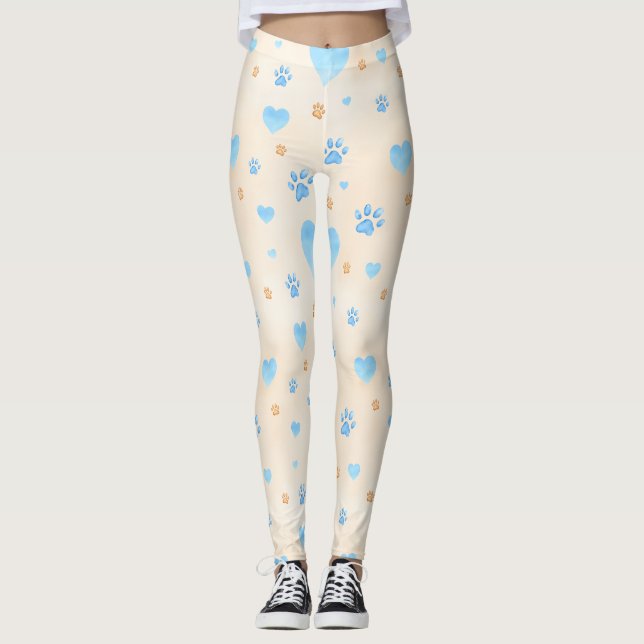 Watercolor Blue Hearts & Paw Prints Pattern Leggings (Front)