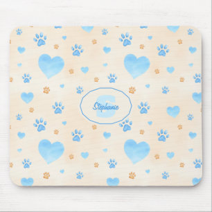 Watercolor Blue Hearts & Paw Prints Pattern Mouse Mat