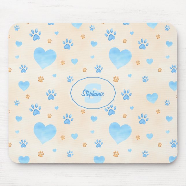 Watercolor Blue Hearts & Paw Prints Pattern Mouse Mat (Front)