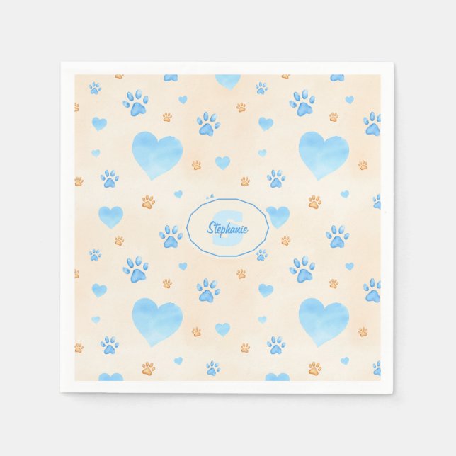 Watercolor Blue Hearts & Paw Prints Pattern Napkin (Front)