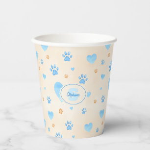 Watercolor Blue Hearts & Paw Prints Pattern Paper Cups