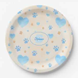 Watercolor Blue Hearts & Paw Prints Pattern Paper Plate