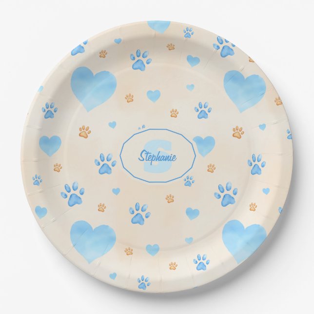 Watercolor Blue Hearts & Paw Prints Pattern Paper Plate (Front)