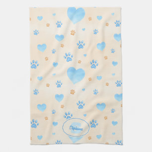 Watercolor Blue Hearts & Paw Prints Pattern Tea Towel