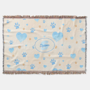 Watercolor Blue Hearts & Paw Prints Pattern Throw Blanket