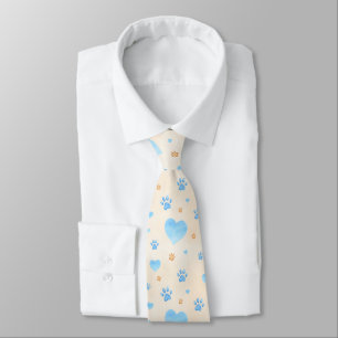 Watercolor Blue Hearts & Paw Prints Pattern Tie
