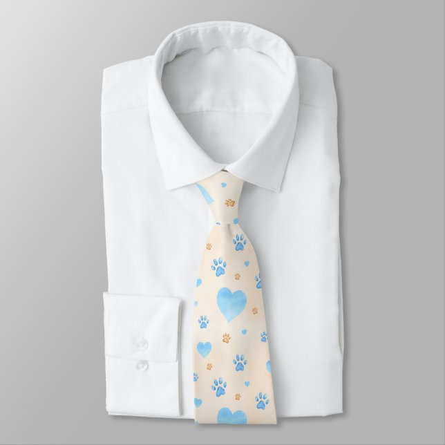 Watercolor Blue Hearts & Paw Prints Pattern Tie (Tied)
