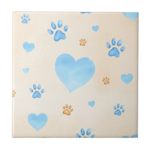 Watercolor Blue Hearts & Paw Prints Pattern Tile