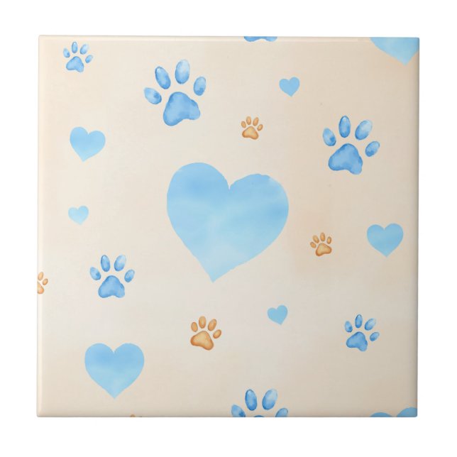 Watercolor Blue Hearts & Paw Prints Pattern Tile (Front)