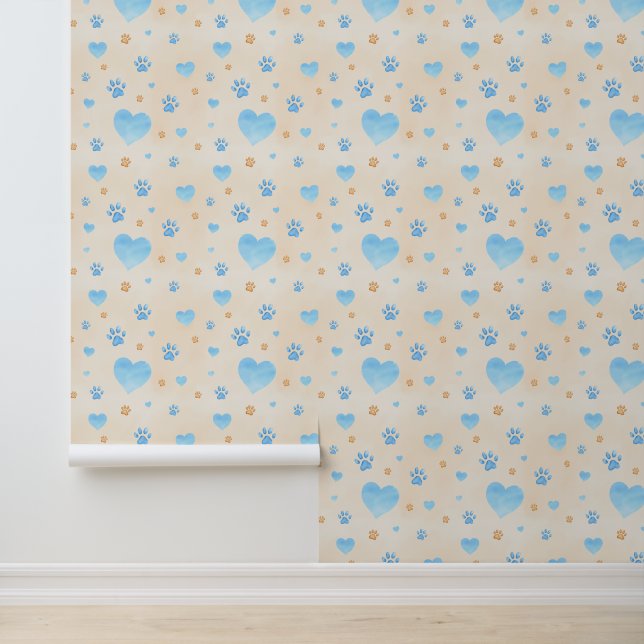 Watercolor Blue Hearts & Paw Prints Pattern Wallpaper (Application)