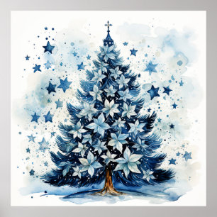 Watercolor Blue Holiday Christmas Tree Poster