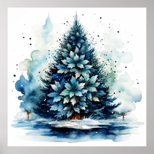 Watercolor Blue Holiday Christmas Tree Poster 