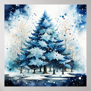 Watercolor Blue Holiday Christmas Tree Poster