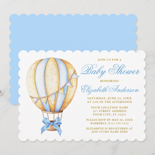 Watercolor Blue Hot Air Balloon Bow Baby Shower Invitation (Front/Back)