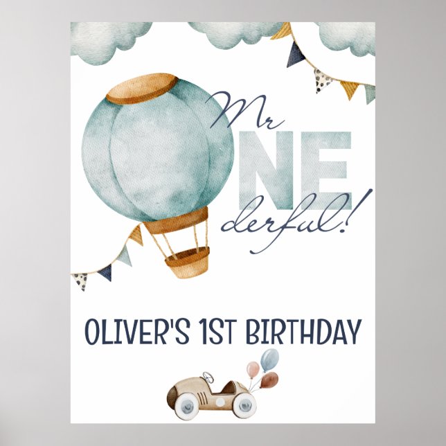 Watercolor Blue Hot Air Balloon Mr ONEderful Boy Poster (Front)