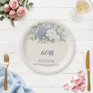 Watercolor Blue Hydrangea 60th Bday Paper Plate