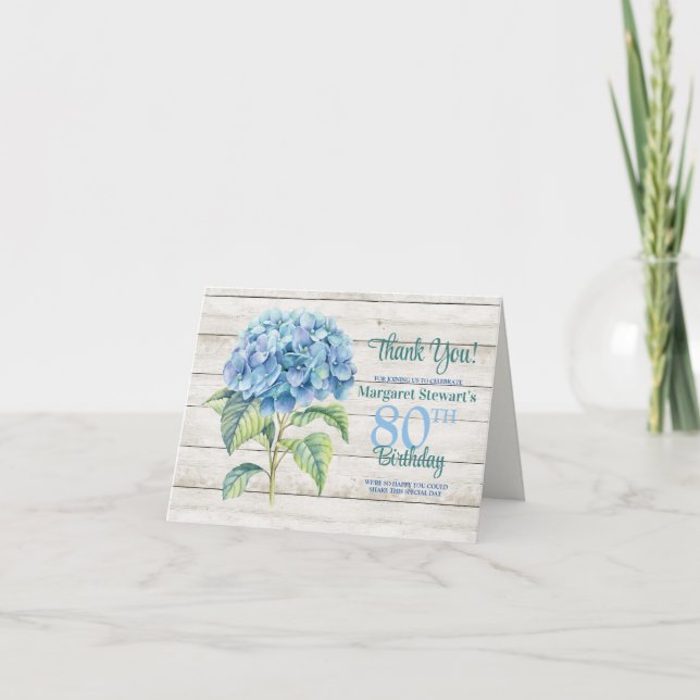 Watercolor Blue Hydrangea 80th Birthday Thank You Card (Front)