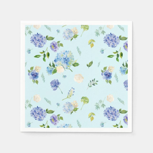 Watercolor Blue Hydrangea and Rose Floral Pattern Napkin (Front)