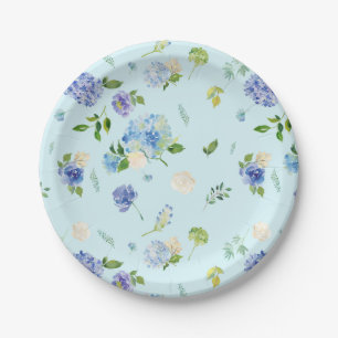 Watercolor Blue Hydrangea and Rose Floral Pattern Paper Plate