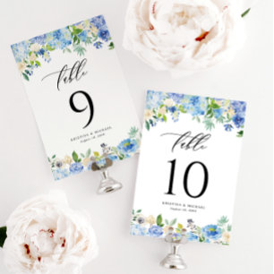 Watercolor Blue Hydrangea and Rose Wedding Table Number