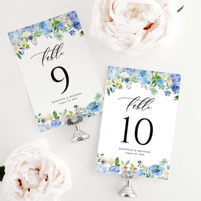 Watercolor Blue Hydrangea and Rose Wedding Table Number (Creator Uploaded)