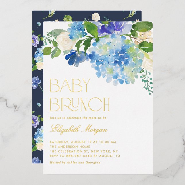 Watercolor Blue Hydrangea Baby Shower Brunch (Front/Back)