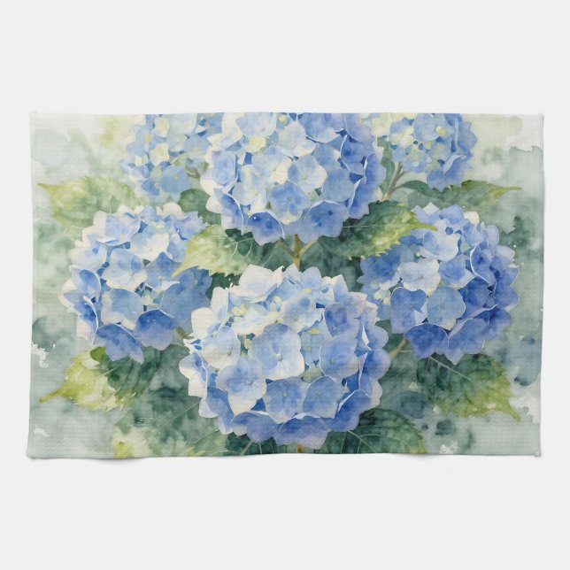 Watercolor Blue Hydrangea Bouquet Tea Towel (Horizontal)