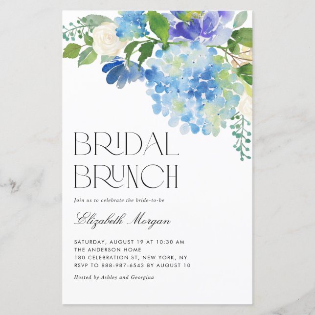 Watercolor Blue Hydrangea Bridal Brunch Invitation (Front)