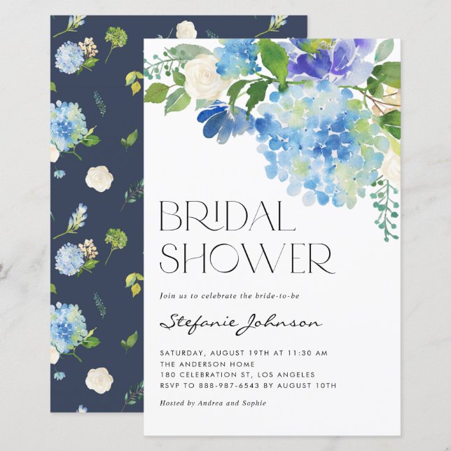 Watercolor Blue Hydrangea Bridal Shower Invitation (Front/Back)